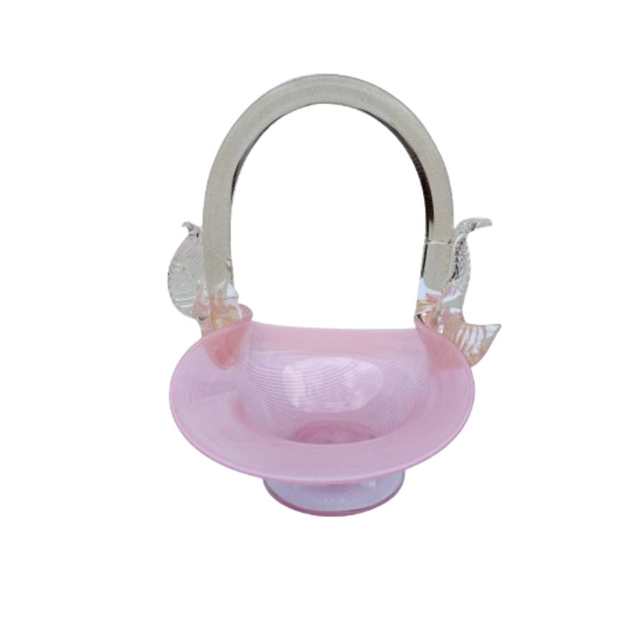 Murano Pink Candy Strip Glass Basket Clear and Gold Flex Handles