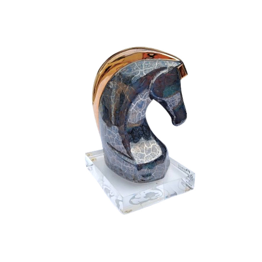 Original Marco Giner made in Spain Horse Bust Sculpture in Marbled Black with Gold Mane