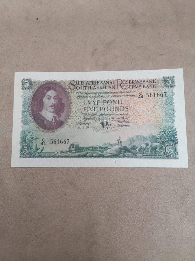 South Africa 1956 Five Pounds MH De Kock EF-AU Large Banknote