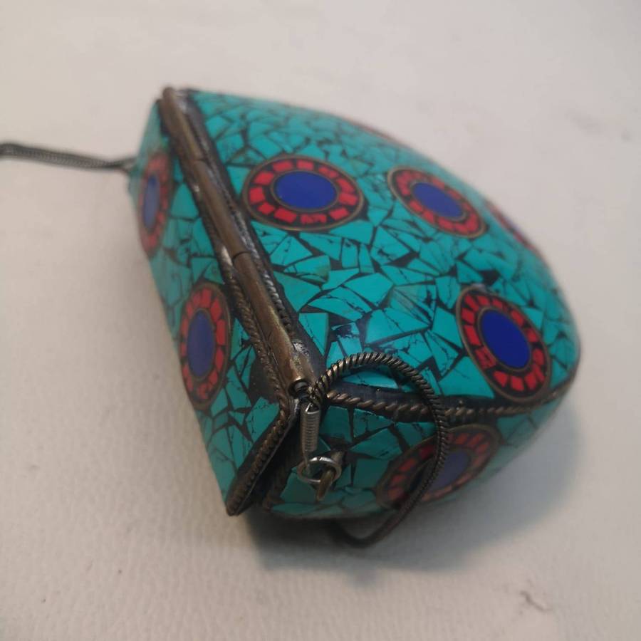 Vintage Small Tibetan Turquoise and Coral Mosiac Stone Purse