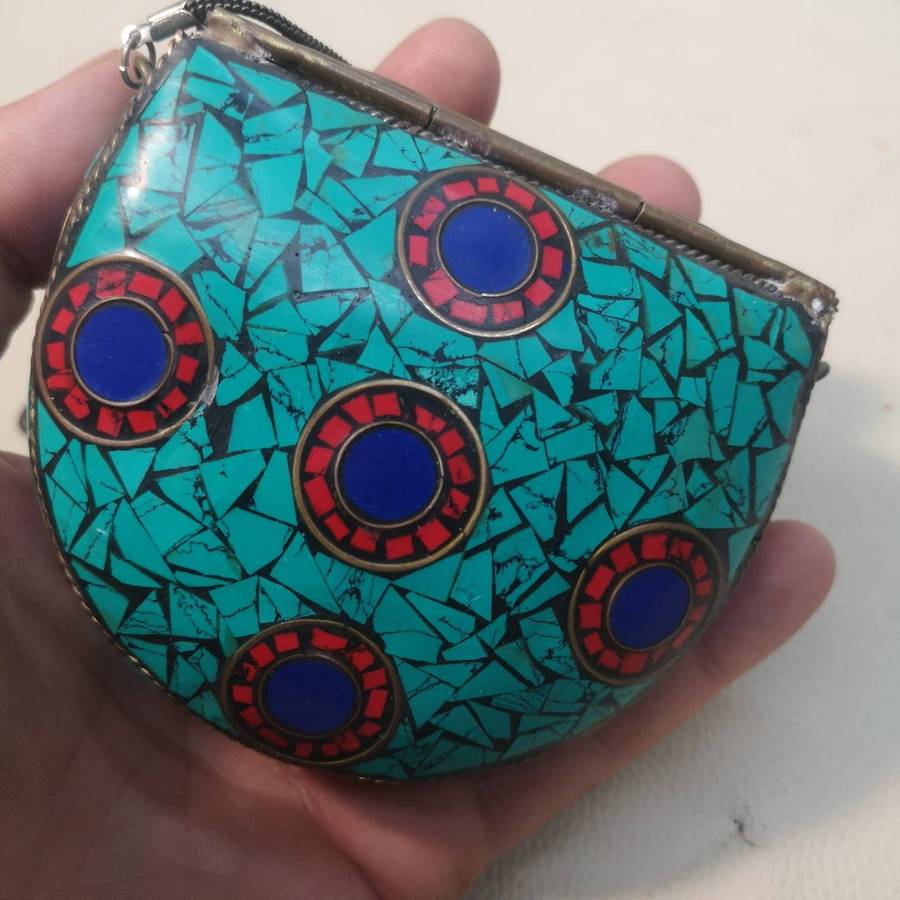 Vintage Small Tibetan Turquoise and Coral Mosiac Stone Purse