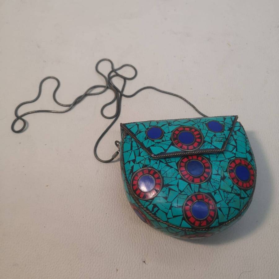 Vintage Small Tibetan Turquoise and Coral Mosiac Stone Purse