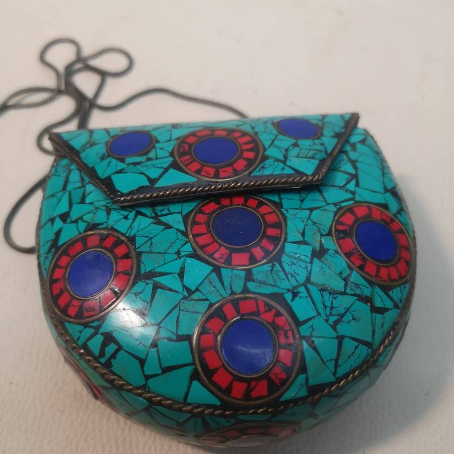 Vintage Small Tibetan Turquoise and Coral Mosiac Stone Purse