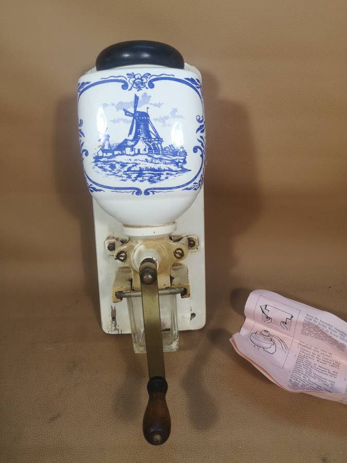 Original Antique Zassenhaus enamel coffee mill with blue and white Delft and Glass Catch Cup