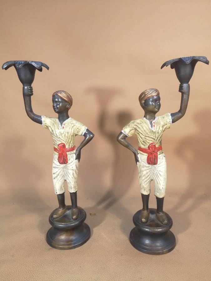 Rare!! Vintage Hand Painted Bronze Nubian Women Candle Holders Matching set - 275mm