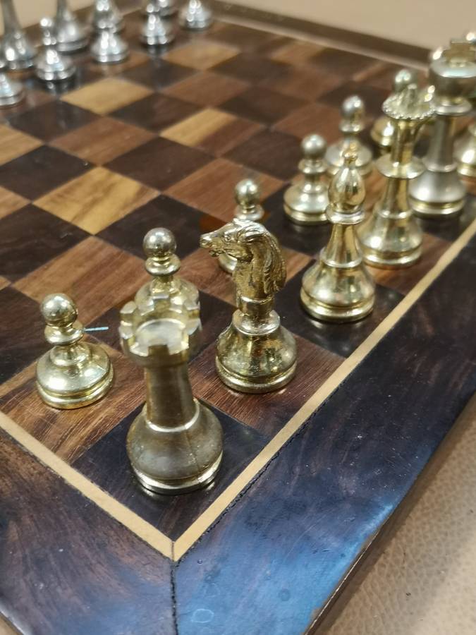 Beautiful Heavy Metal Chess Set with a Handmade Walnut Wooden Game Board