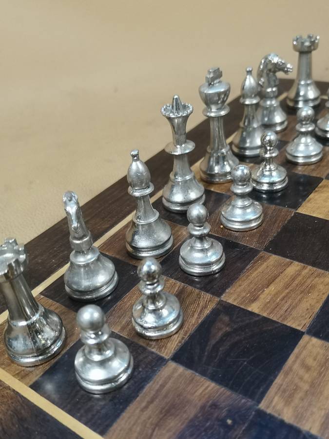 Beautiful Heavy Metal Chess Set with a Handmade Walnut Wooden Game Board