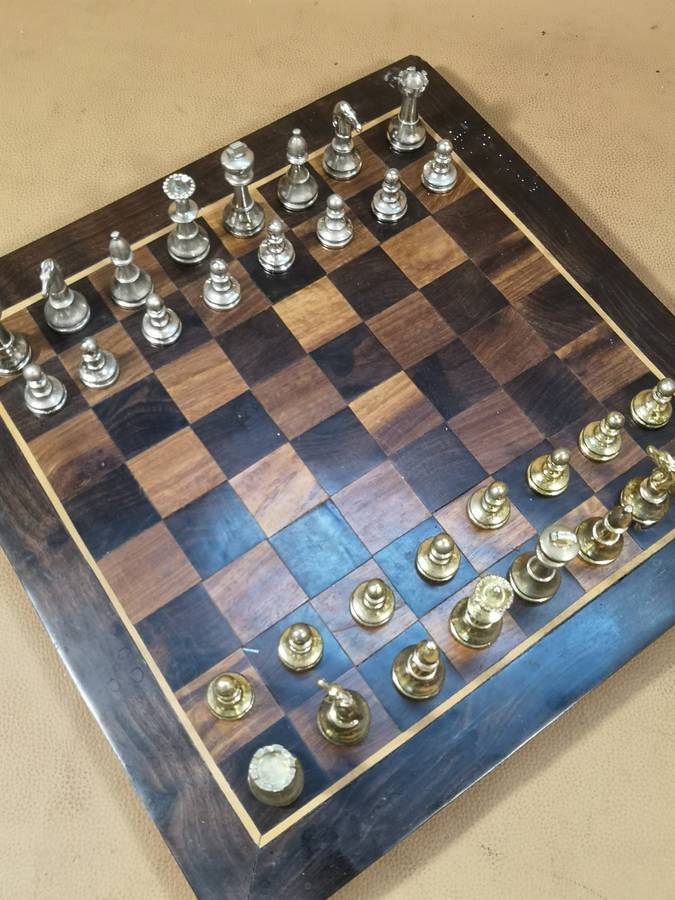 Beautiful Heavy Metal Chess Set with a Handmade Walnut Wooden Game Board