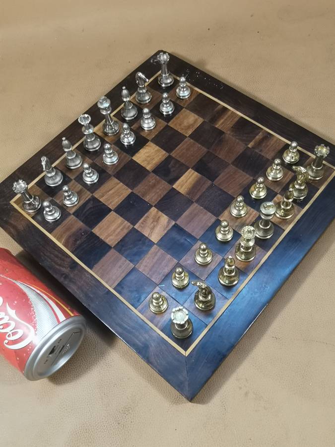 Beautiful Heavy Metal Chess Set with a Handmade Walnut Wooden Game Board