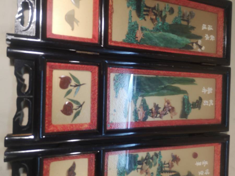 Rare 1900,s Antique Oriental Jade Art 4 Seasons Black Lacquered Table Top Screen 460mm High