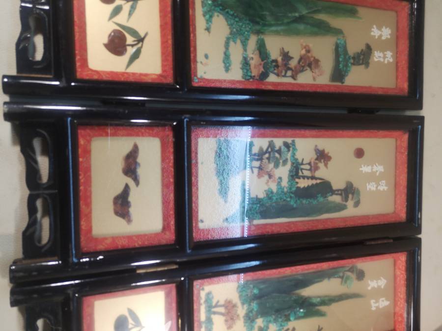 Rare 1900,s Antique Oriental Jade Art 4 Seasons Black Lacquered Table Top Screen 460mm High