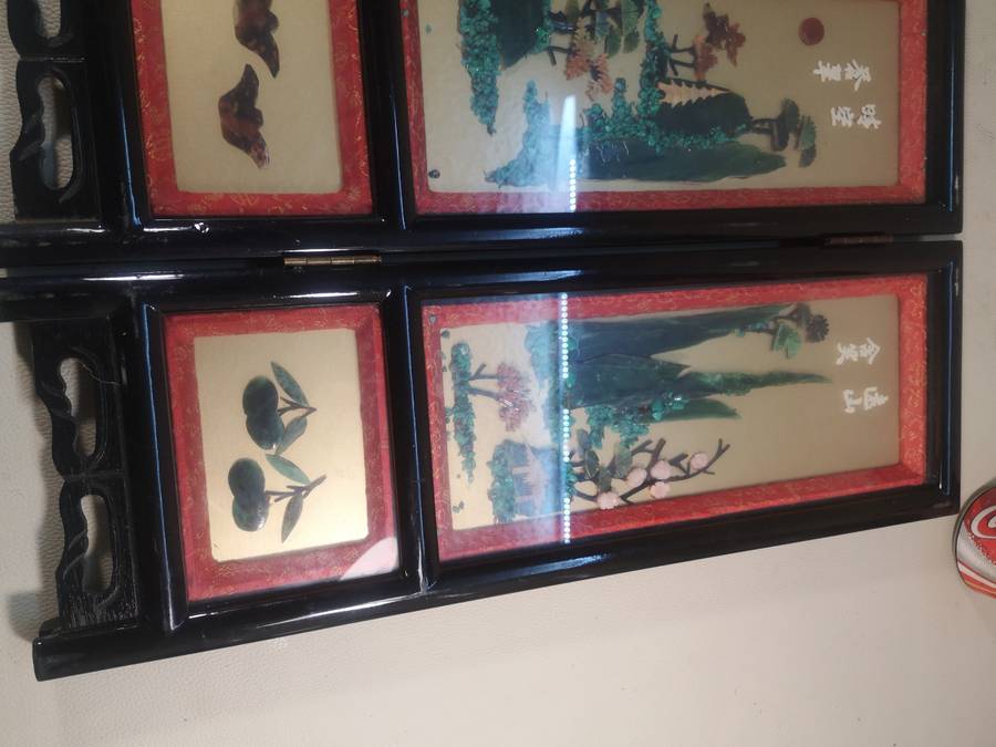 Rare 1900,s Antique Oriental Jade Art 4 Seasons Black Lacquered Table Top Screen 460mm High