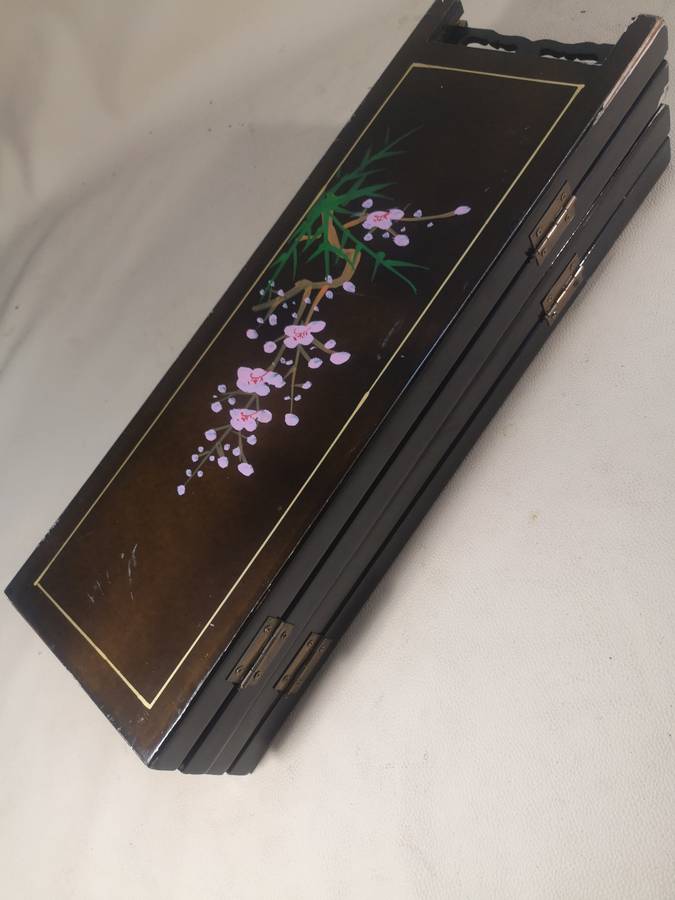 Rare 1900,s Antique Oriental Jade Art 4 Seasons Black Lacquered Table Top Screen 460mm High