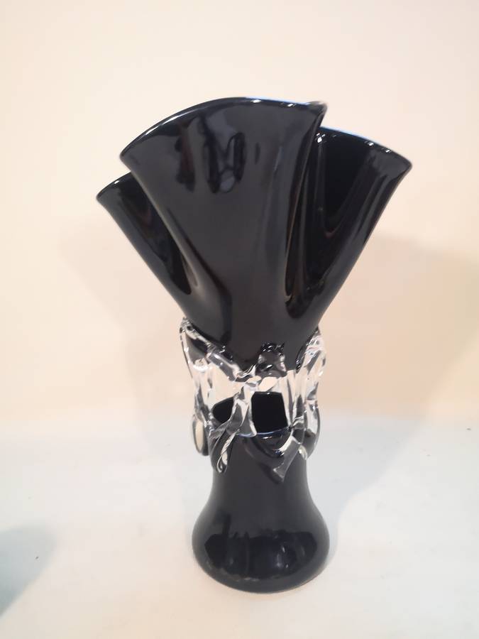 Vintage Mid-Century Modern Black and Clear Glass Art Vase
