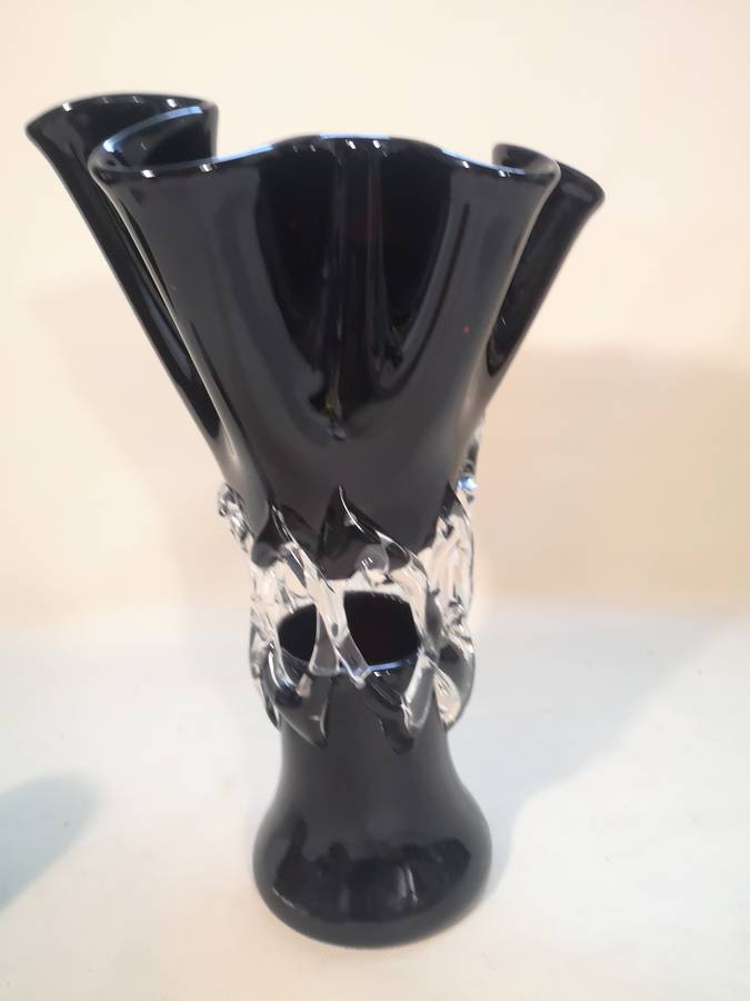 Vintage Mid-Century Modern Black and Clear Glass Art Vase