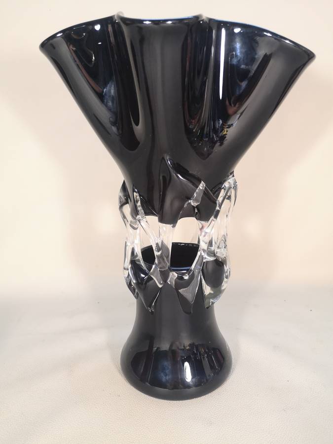 Vintage Mid-Century Modern Black and Clear Glass Art Vase