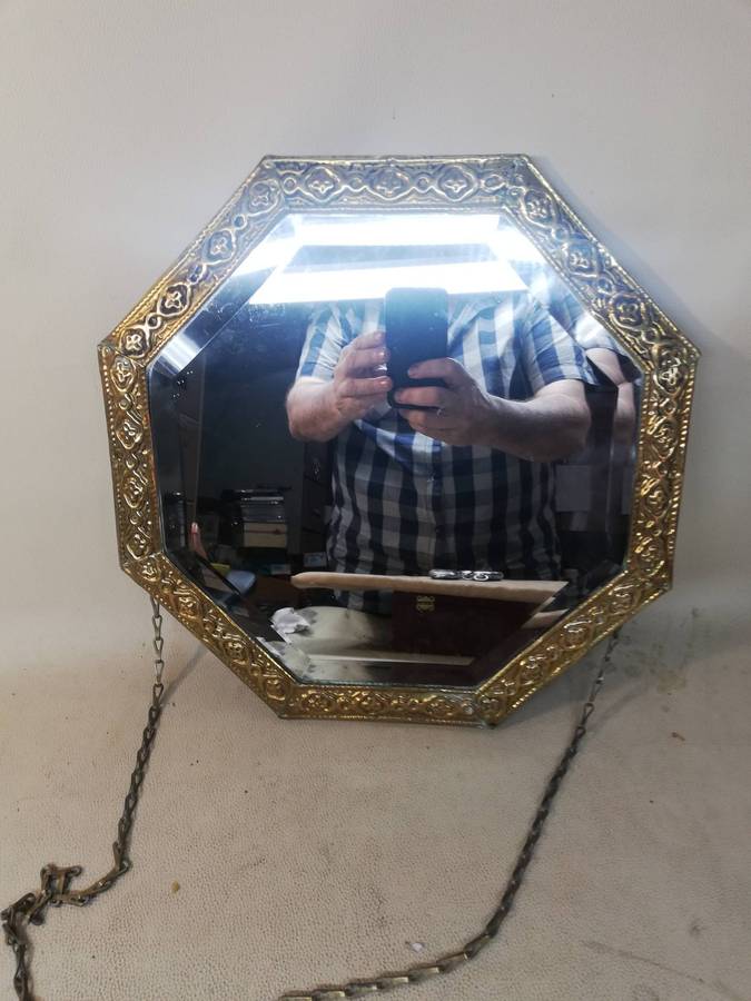 Octagonal Wall Mirror With Repousse Brass Frame on Wood Backing Vintage c1930s
