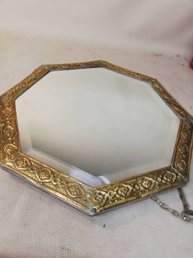 Octagonal Wall Mirror With Repousse Brass Frame on Wood Backing Vintage c1930s