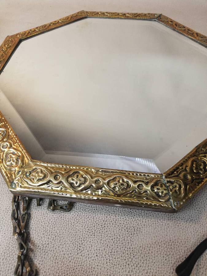 Octagonal Wall Mirror With Repousse Brass Frame on Wood Backing Vintage c1930s