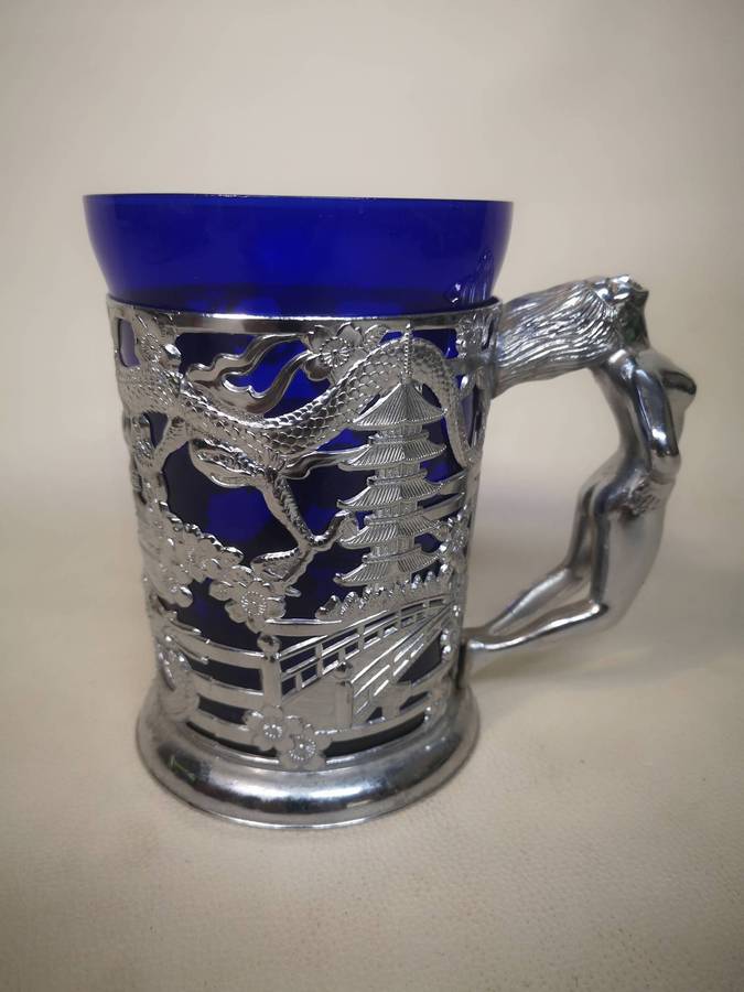 Vintage Cobalt Blue Glass Beer Tankard with Nude Lady Handle