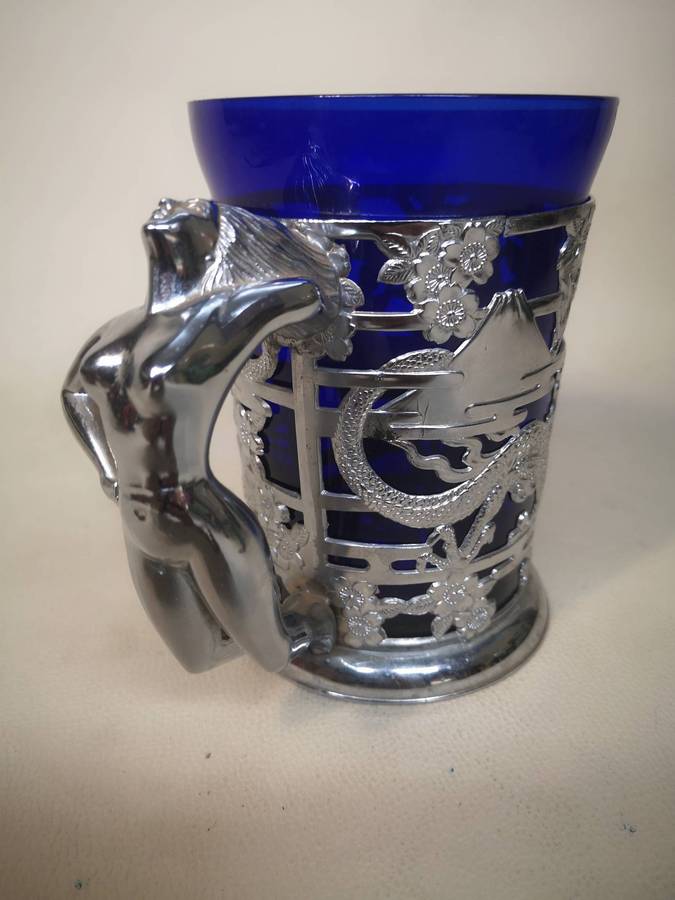 Vintage Cobalt Blue Glass Beer Tankard with Nude Lady Handle