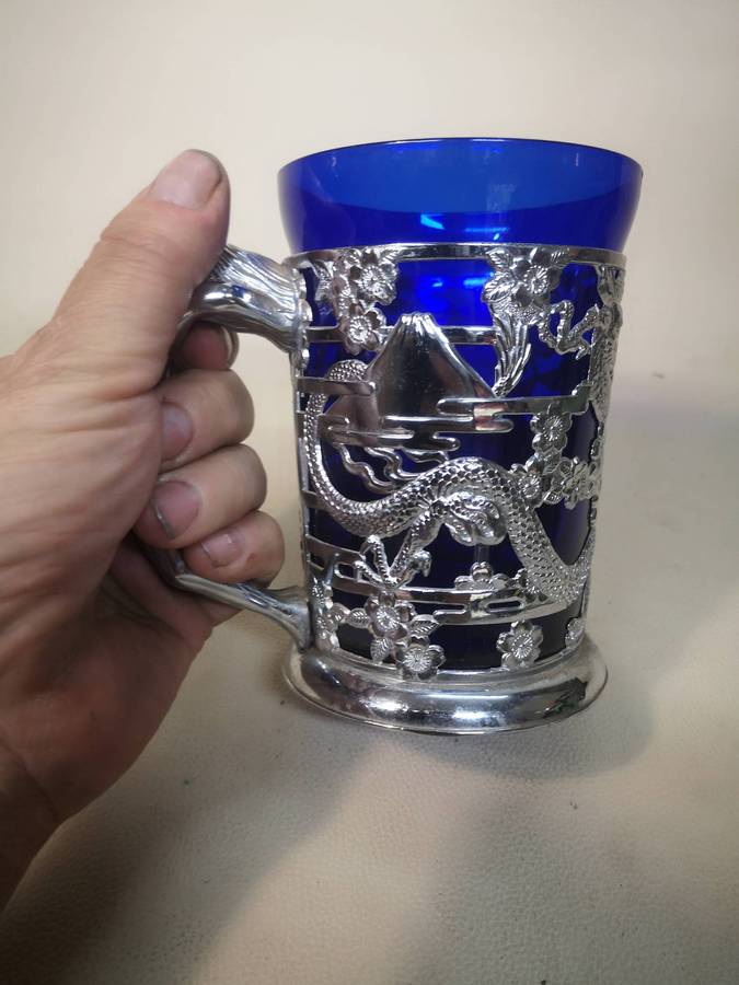 Vintage Cobalt Blue Glass Beer Tankard with Nude Lady Handle