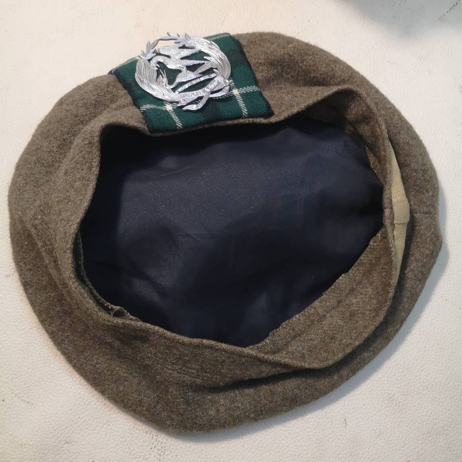 Vintage Pretoria Highlanders Officer's Tam O'Shanter with green toorie, badge, tartan backing