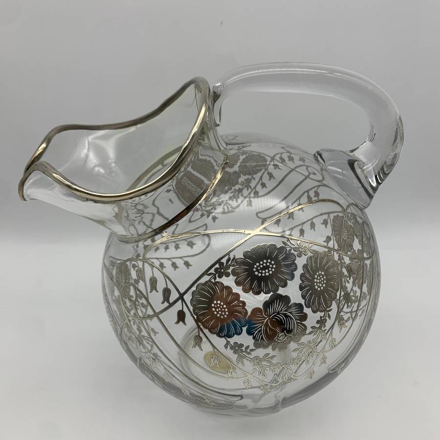Large Glass Sterling Silver Overlay Water Jug (1940's)