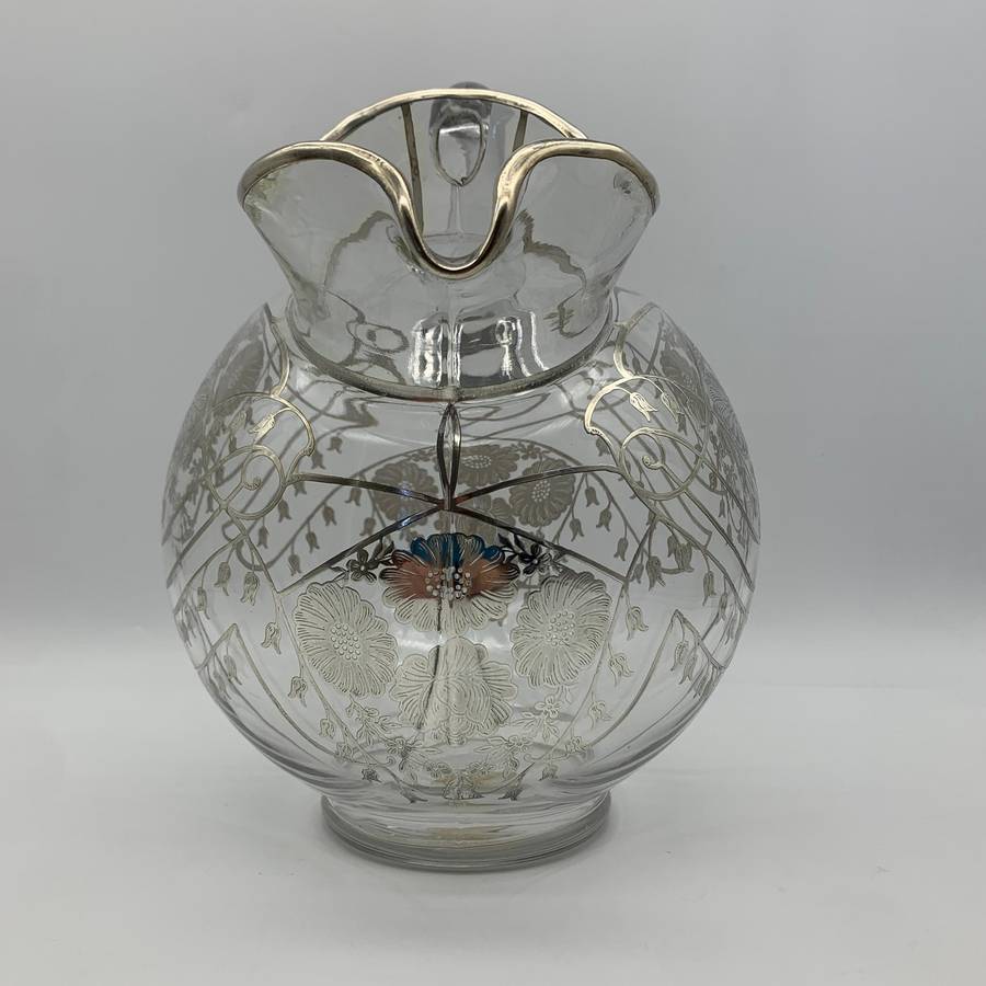 Large Glass Sterling Silver Overlay Water Jug (1940's)