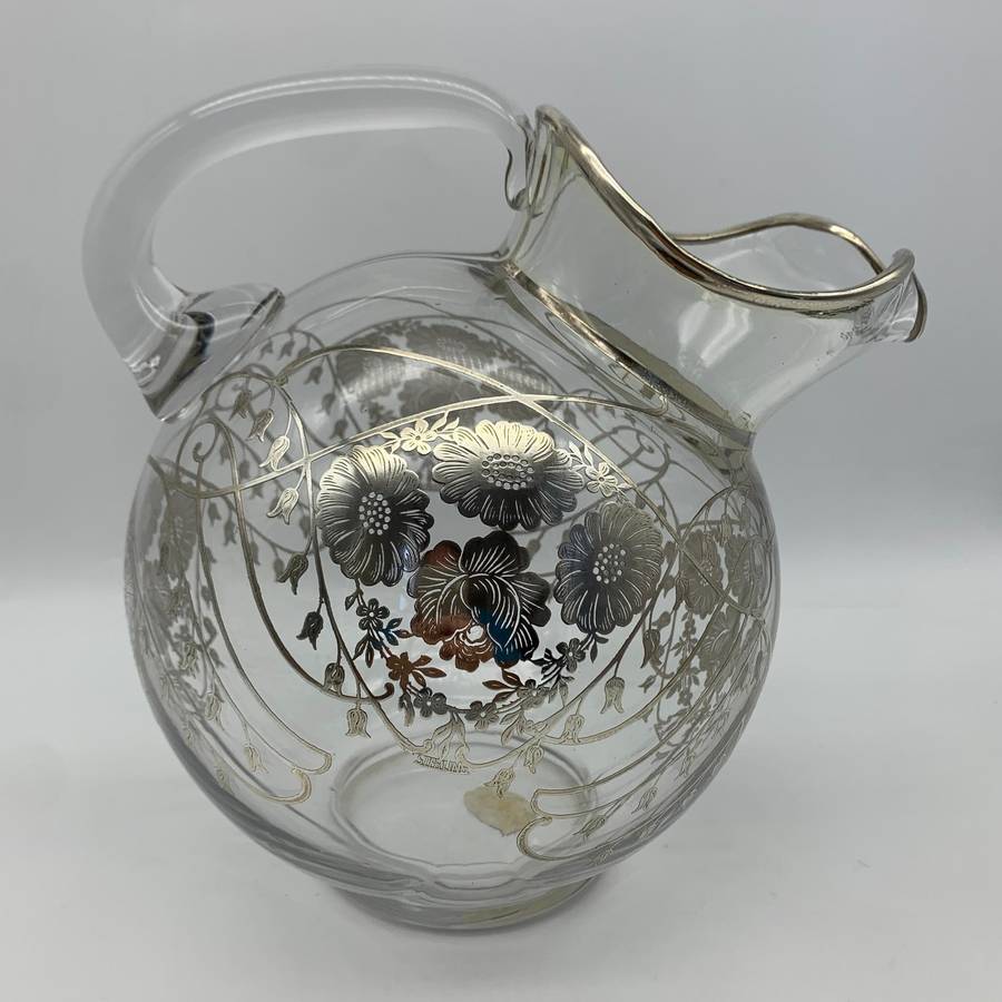 Large Glass Sterling Silver Overlay Water Jug (1940's)