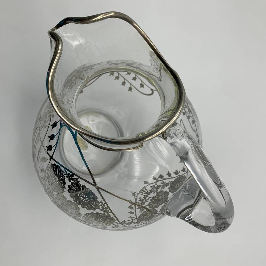 Large Glass Sterling Silver Overlay Water Jug (1940's)