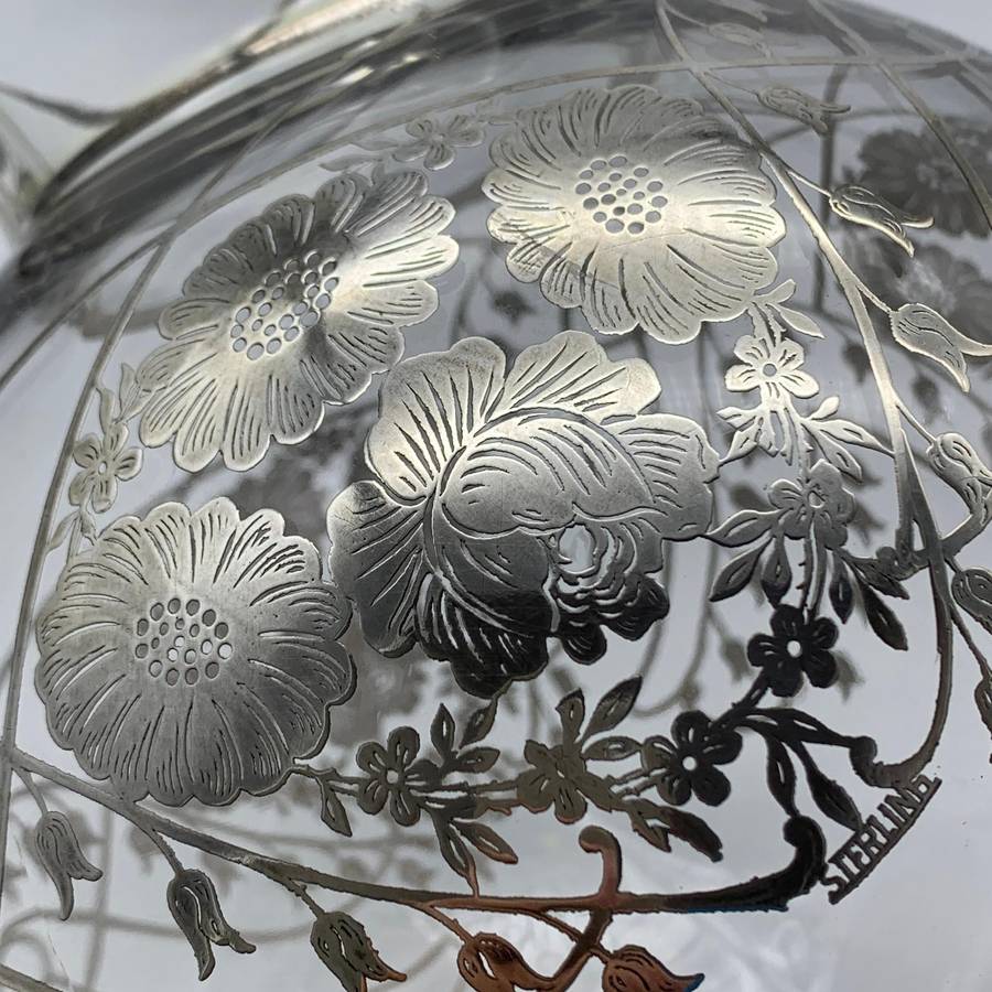 Large Glass Sterling Silver Overlay Water Jug (1940's)