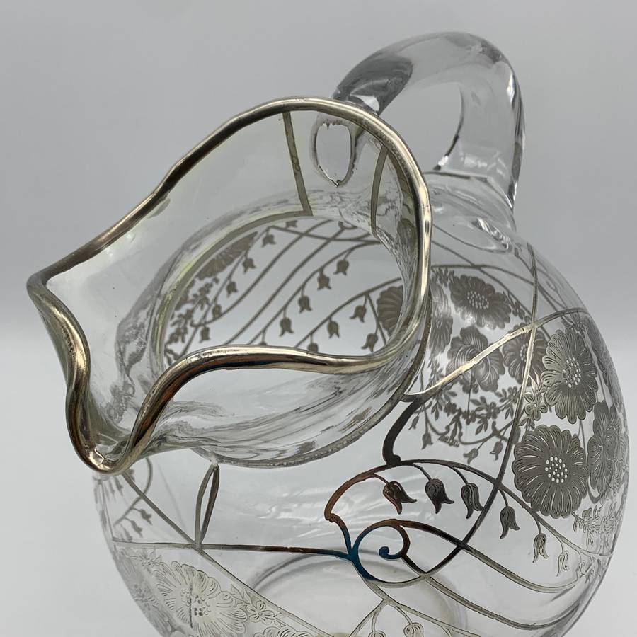 Large Glass Sterling Silver Overlay Water Jug (1940's)
