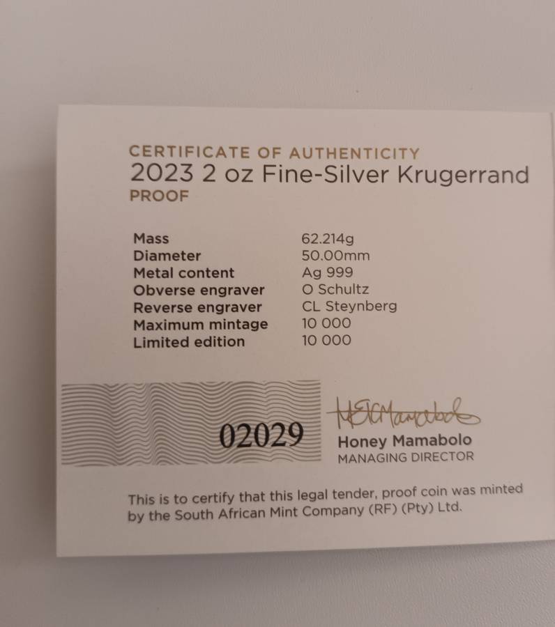 2023 2OZ SILVER PROOF KRUGERRAND COIN [COA] [BOX]