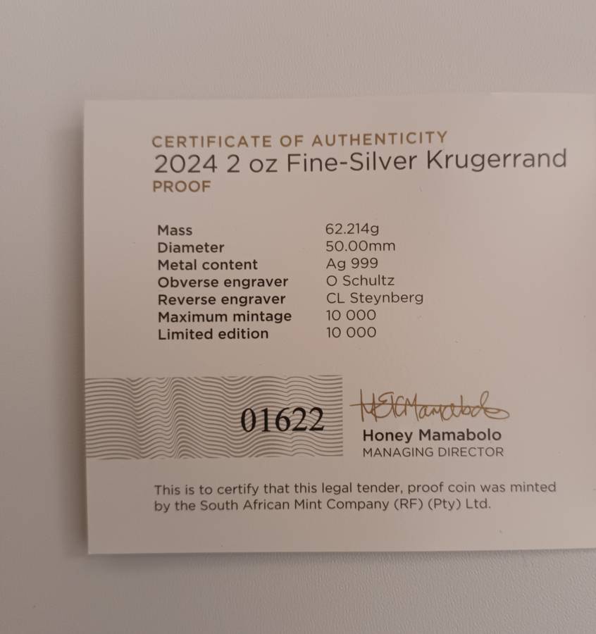 2024 2OZ PROOF SILVER KRUGERRAND COIN [COA] [BOX]