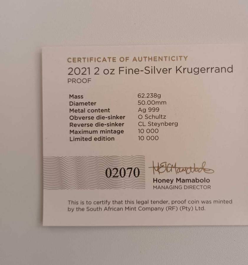 2021 2OZ PROOF SILVER KRUGERRAND [COA] [ BOX]