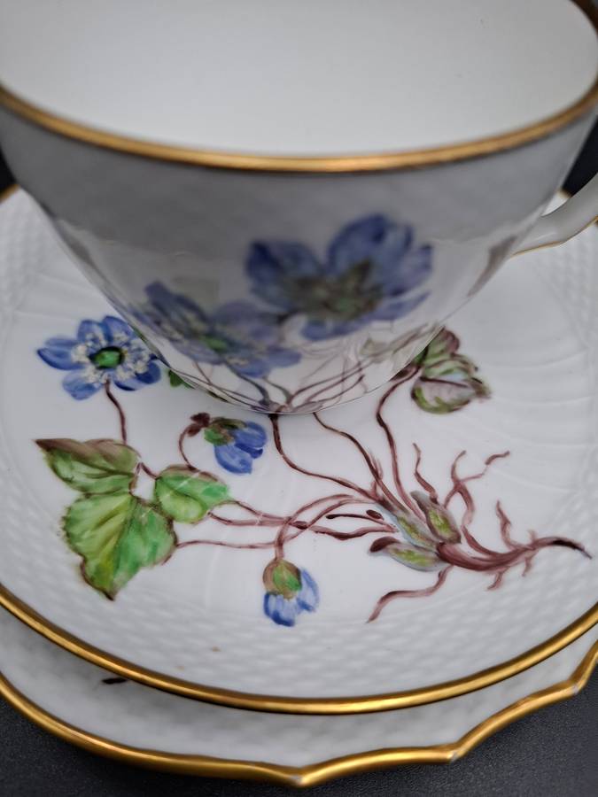 Vintage Royal Copenhagen Blue Flora Danica Hand-Painted Trio with Gild Trim