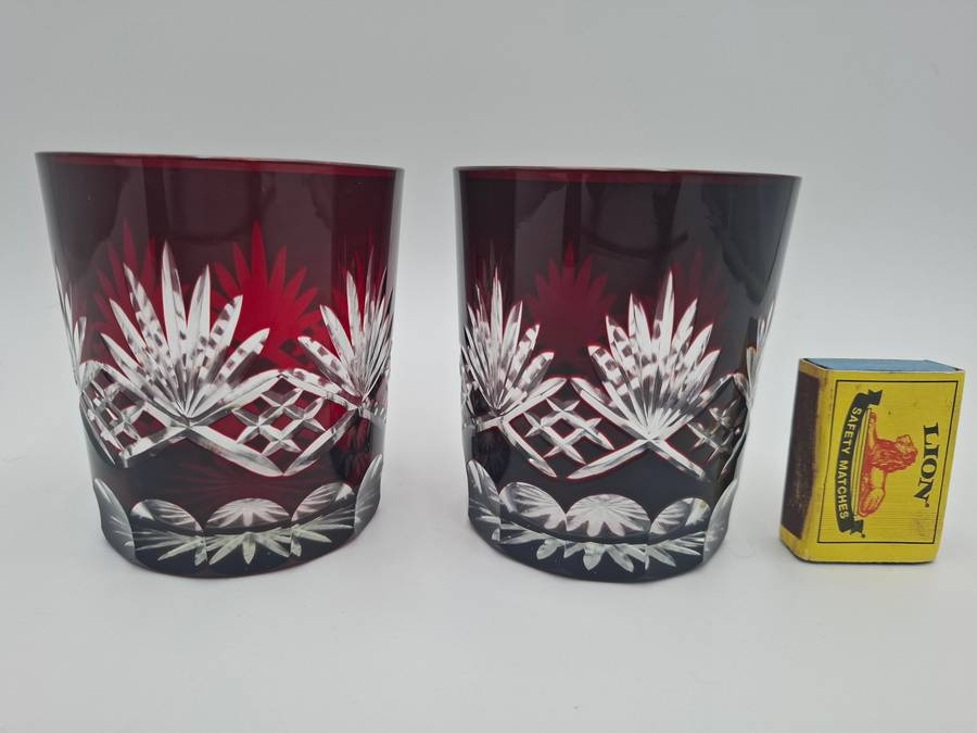 Vintage Bohemian Burgundy Overlay Cut Glass - Pair of Tumblers