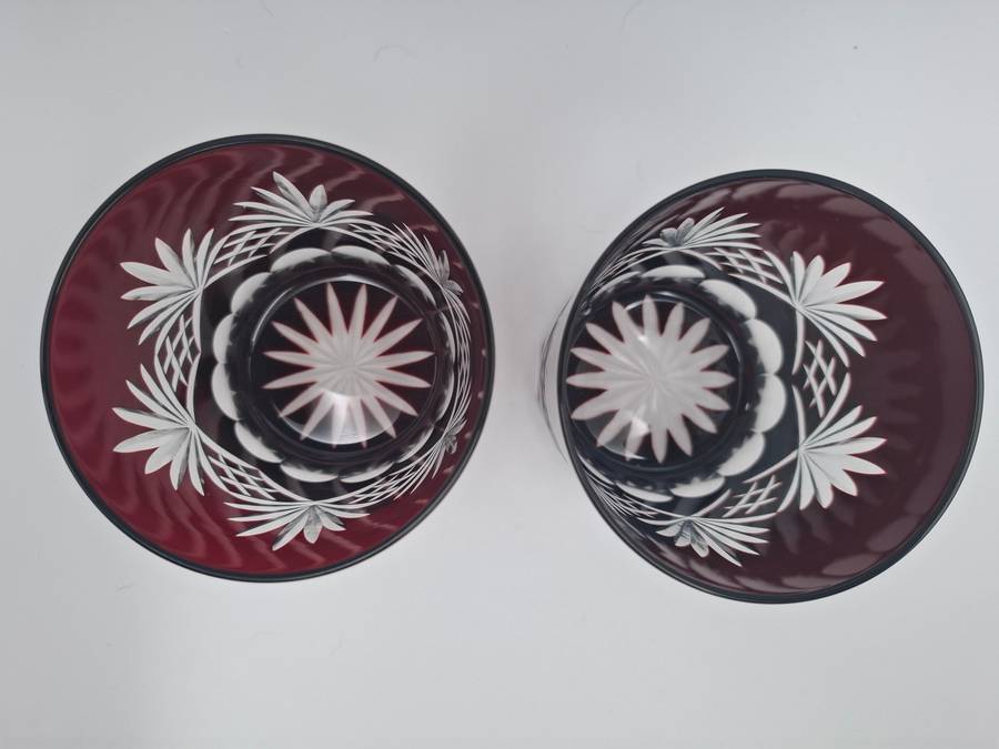 Vintage Bohemian Burgundy Overlay Cut Glass - Pair of Tumblers
