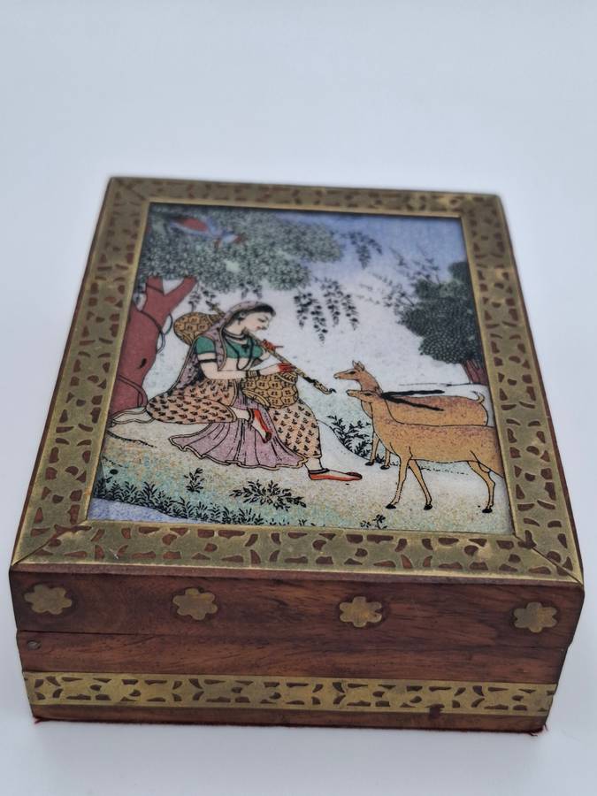 Vintage Wood Gemstone Painting Jewellery Box