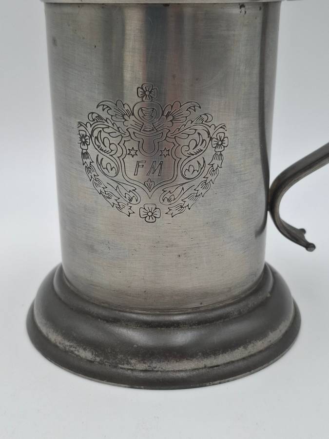 Vintage Pewter Tankard with Flip Lid and Engraved Emblem