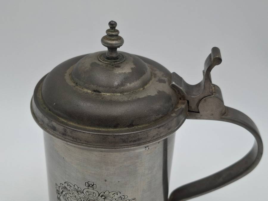Vintage Pewter Tankard with Flip Lid and Engraved Emblem