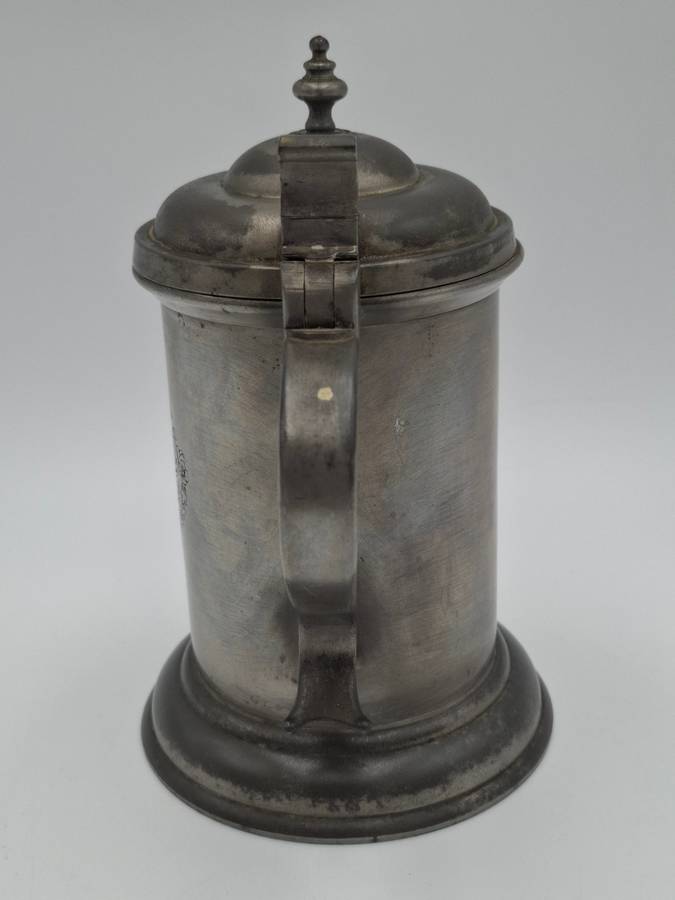 Vintage Pewter Tankard with Flip Lid and Engraved Emblem