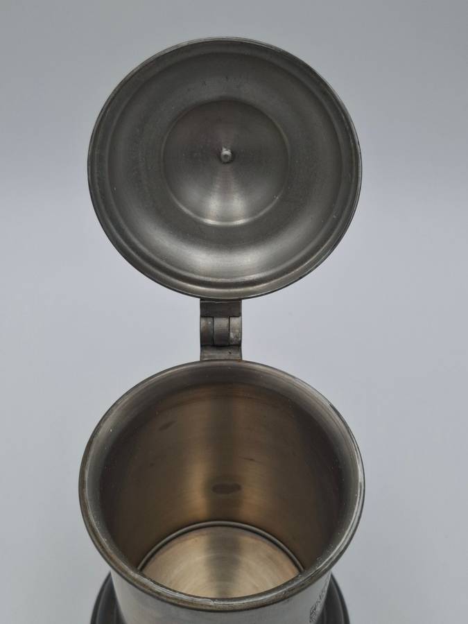 Vintage Pewter Tankard with Flip Lid and Engraved Emblem