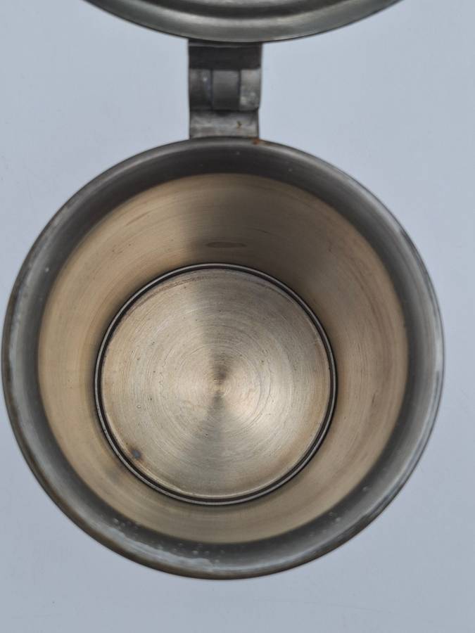 Vintage Pewter Tankard with Flip Lid and Engraved Emblem