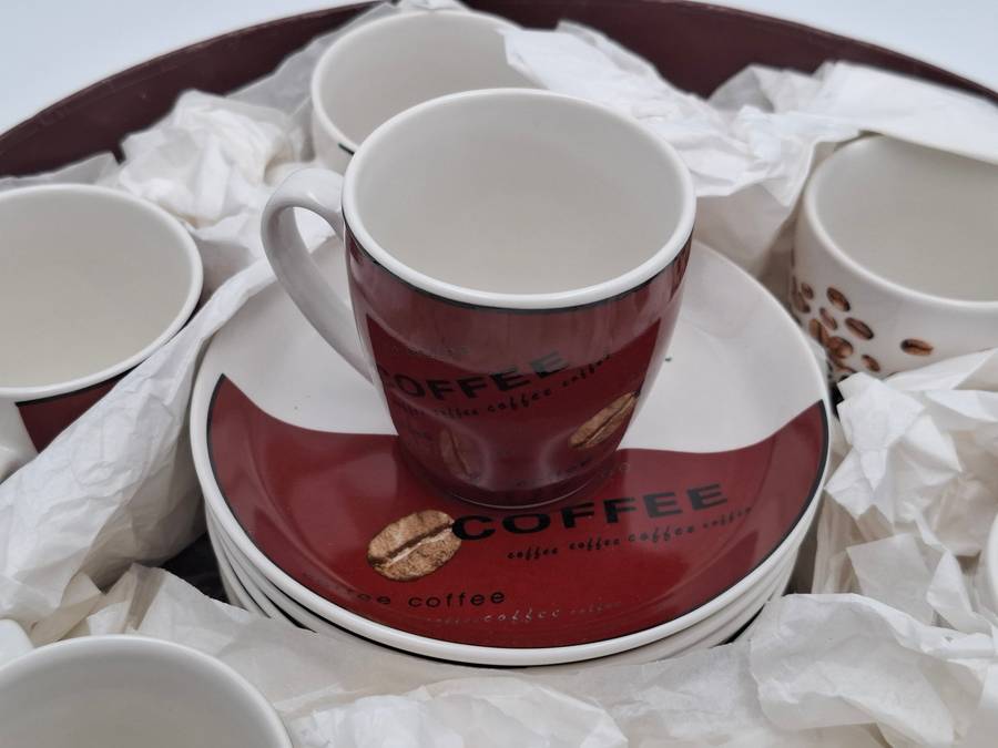 Espresso Coffee Set - 6 Cups & Saucers - Beautiful Coffee Bean Design - As new in Original Container