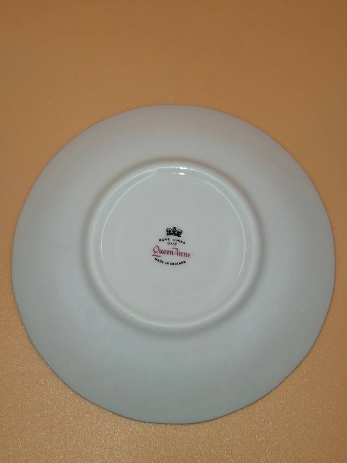 Vintage Queen Anne Bone China Teacup Saucer - Blue Floral & Gold Trim