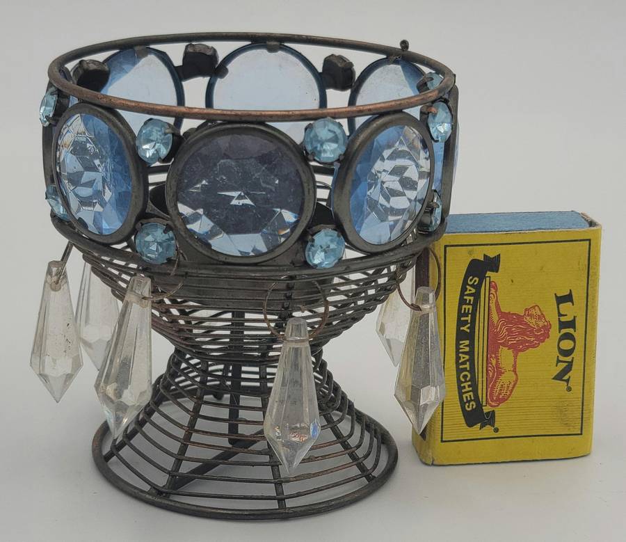 Vintage Blue Cut Glass Tealight Candle Holder - Metal Frame - Lovely Colour