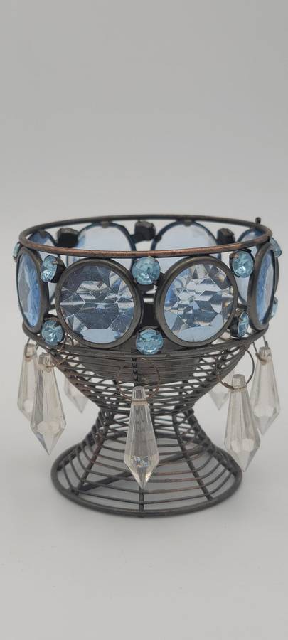 Vintage Blue Cut Glass Tealight Candle Holder - Metal Frame - Lovely Colour
