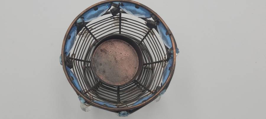 Vintage Blue Cut Glass Tealight Candle Holder - Metal Frame - Lovely Colour